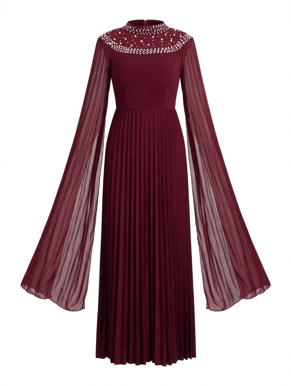 Elegant Burgundy Pleated Maxi Dress with Pearl Yoke